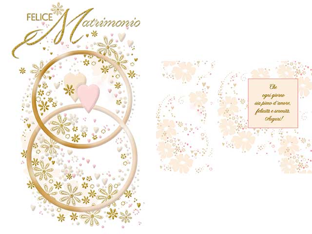 Biglietto auguri matrimonio bianco con decori oro-rosa
