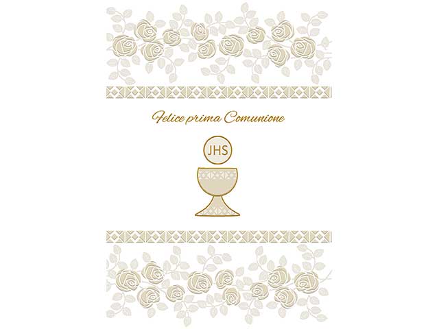Biglietto auguri prima felice comunione bianco con scritta dorata