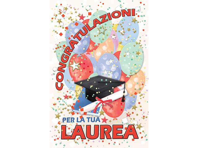 biglietto auguri laurea con scritte in rilievo multicolor 12x18 cm