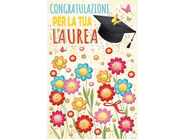 biglietto per laurea con scritte in rilievo multicolor 12x18 cm