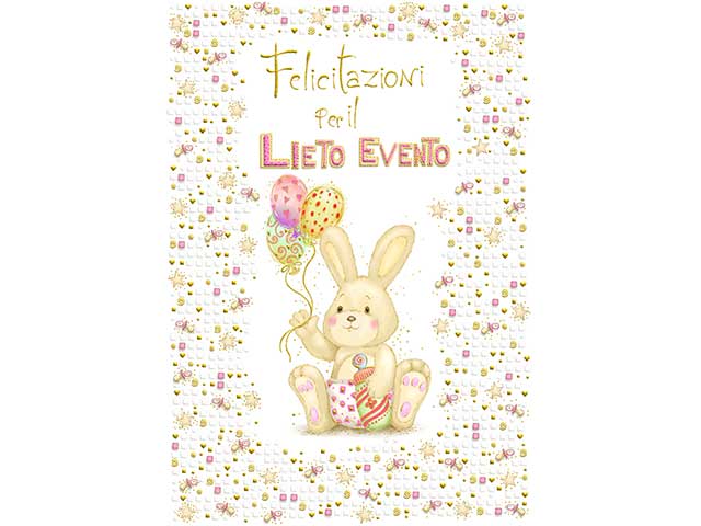 Biglietto auguri nascita lieto evento con stampa coniglietto rosa 12x18 cm