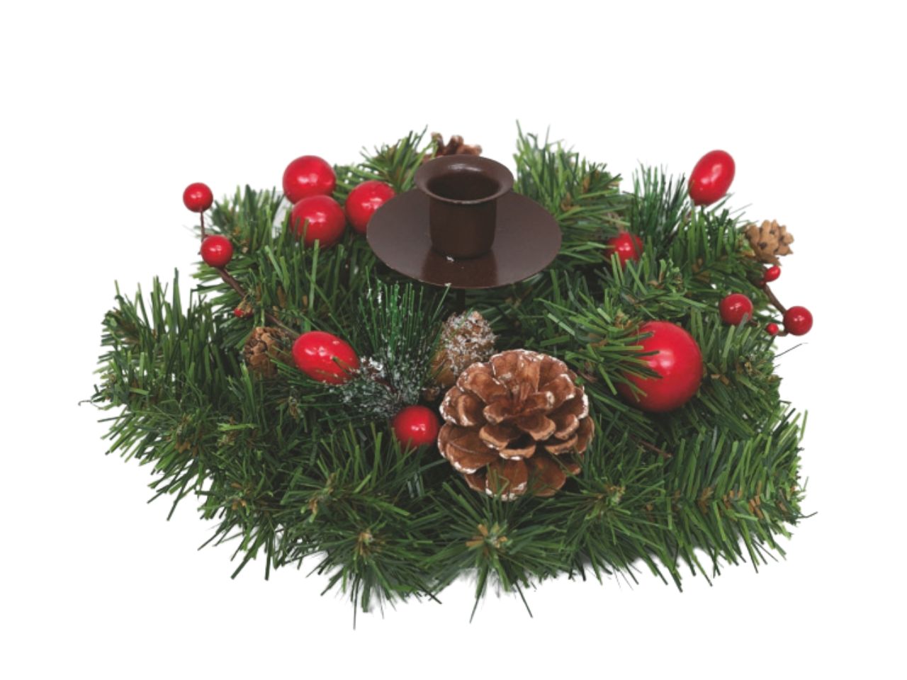 Portacandela in ferro cm.20x12h verde decorato con bacche rosse e pigne nevate