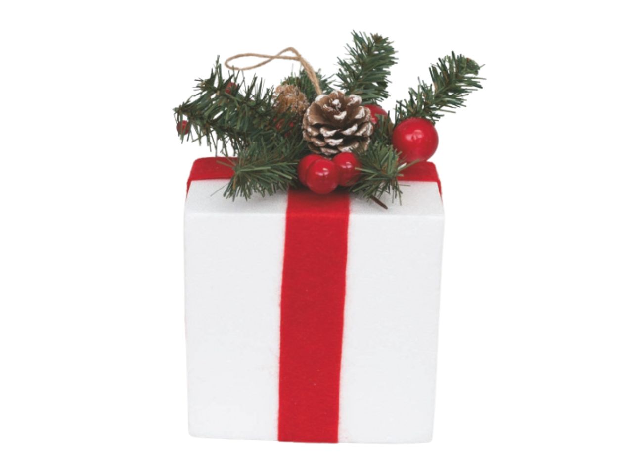 Pacco regalo in polistirolo cm.8 bianco decorato con bacche rosse,pigne nevate