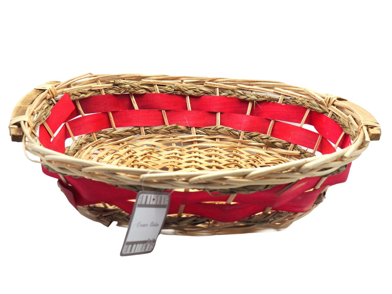 CESTO OVALE IN LEGNO NATURALE CON FASCIA ROSSA 48X38XH.12CM CON MANICI