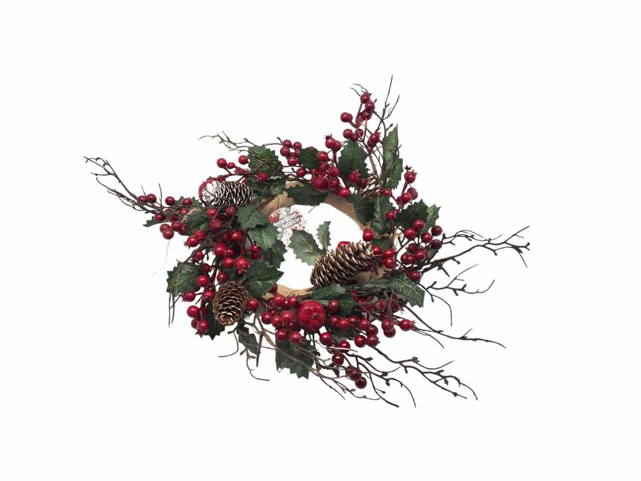 Corona c/pungitopo,bacche,pigne,mele rosse d.40cm