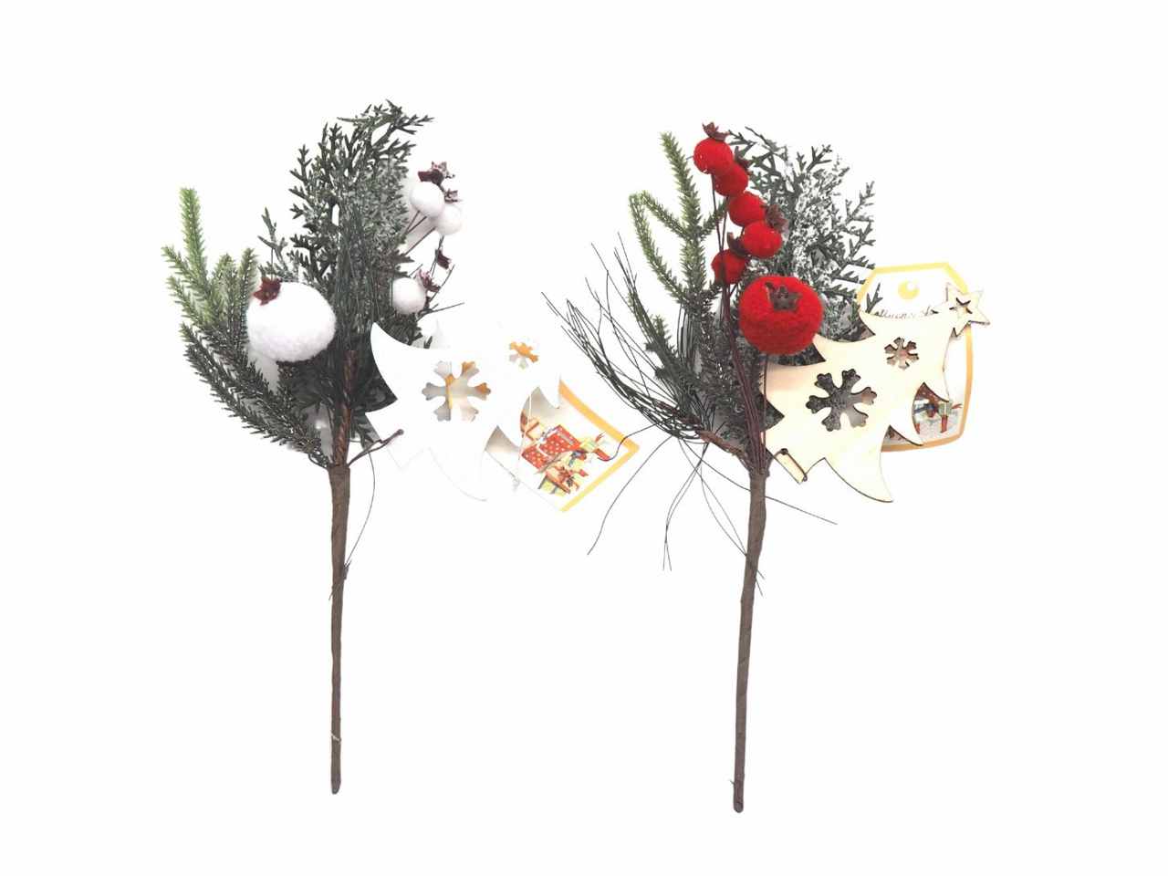 Pick c/bacche floccate+ albero glitterato 29x13 cm 3 ass.