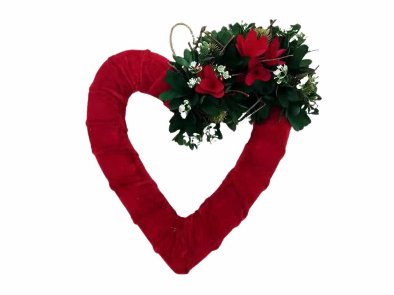 Corona cuore velluto rosso fiori legno 32cx32cm
