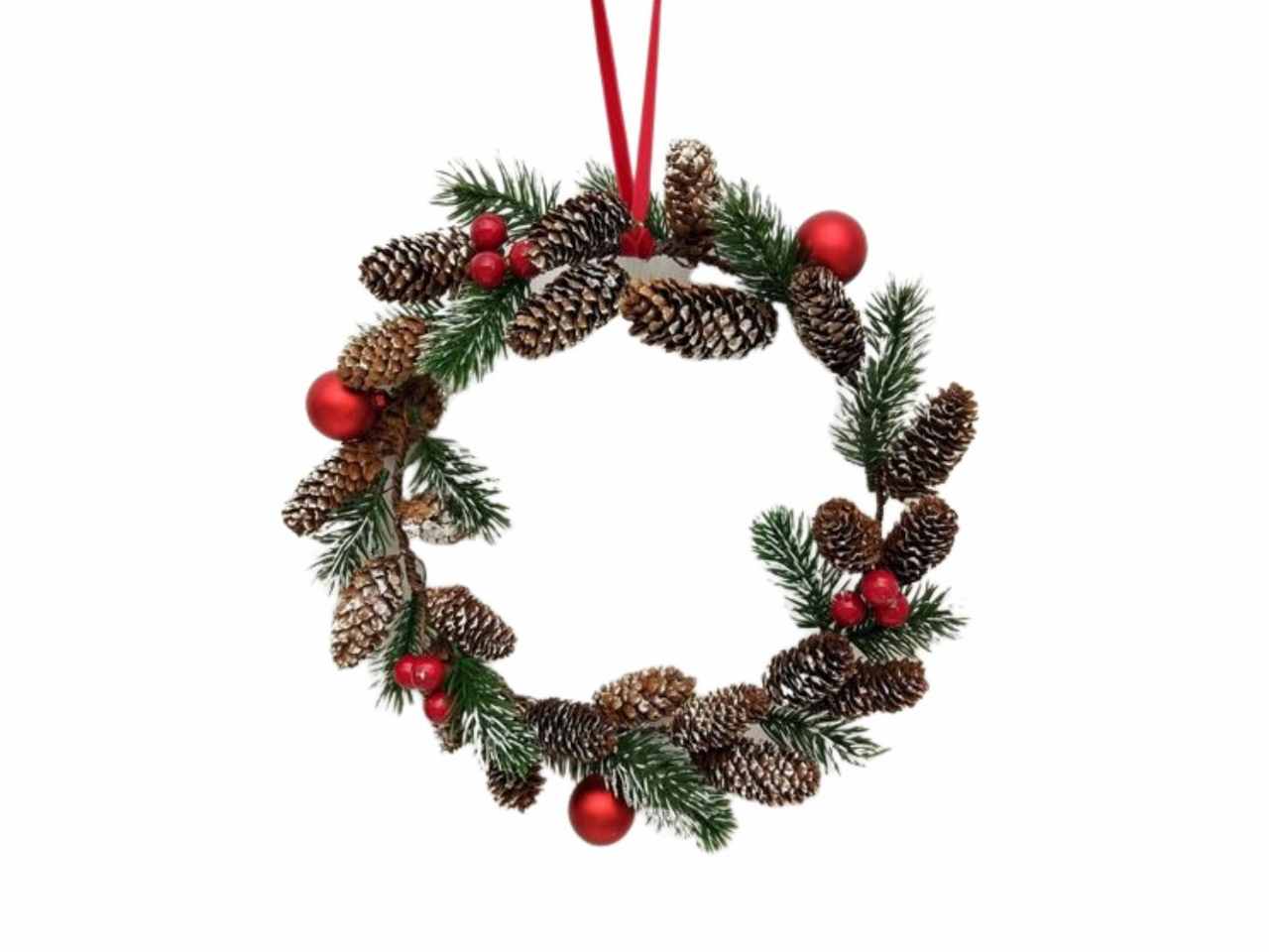 Corona bacche rosse e pigne in pe d25cm h4cm