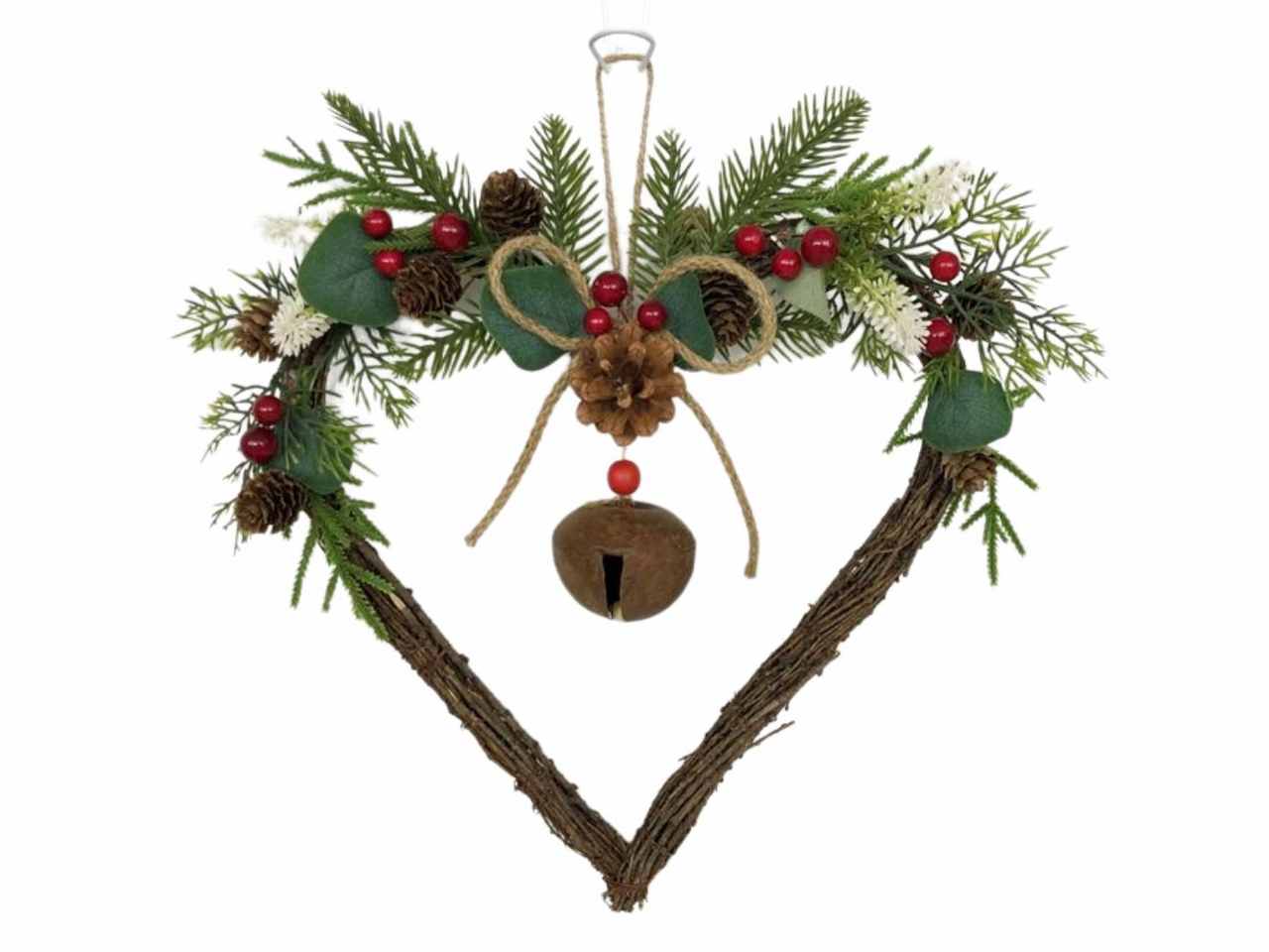 Corona cuore con decorazioni pigne/bacche/foglie/campana d:34x34x6cm