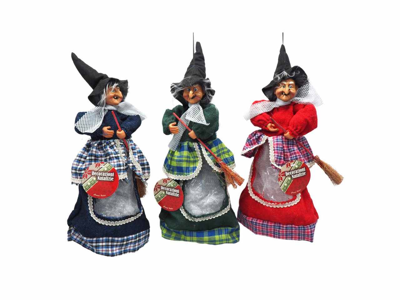 Befana 30cm c/scopa c/occhiali da app. 3 assortimenti