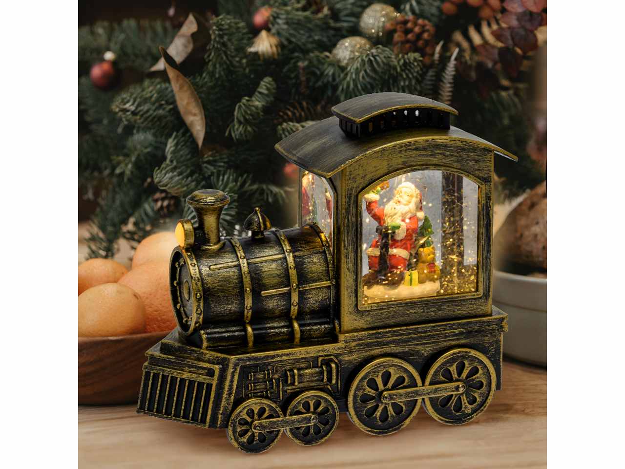 Locomotiva decorata mmisura 18cm con effetto luminoso e scintillante per uso interno