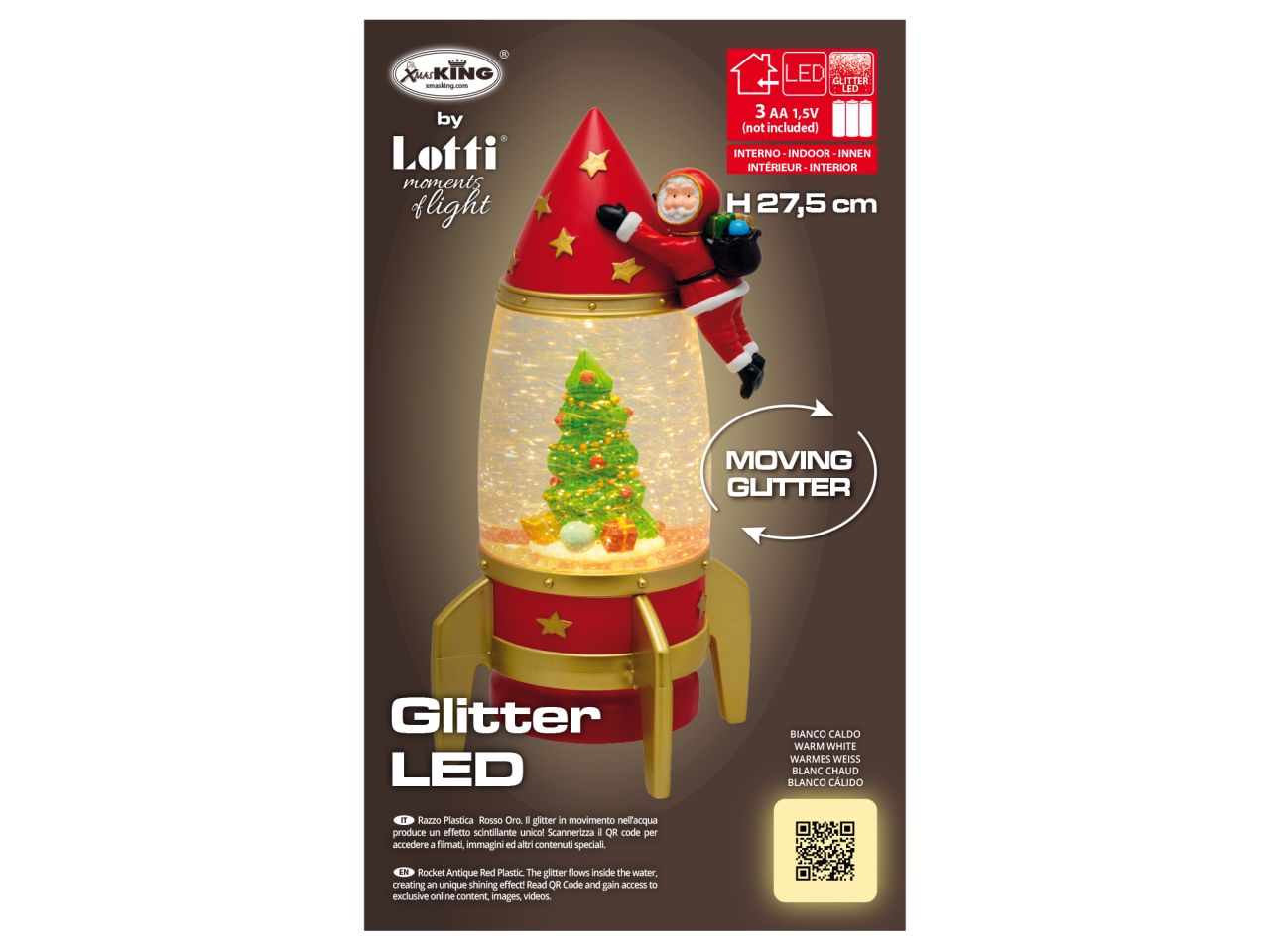 Razzo rocket con babbo natale astronauta misura h.27,5cm con effetto luminoso scintillante per uso interno