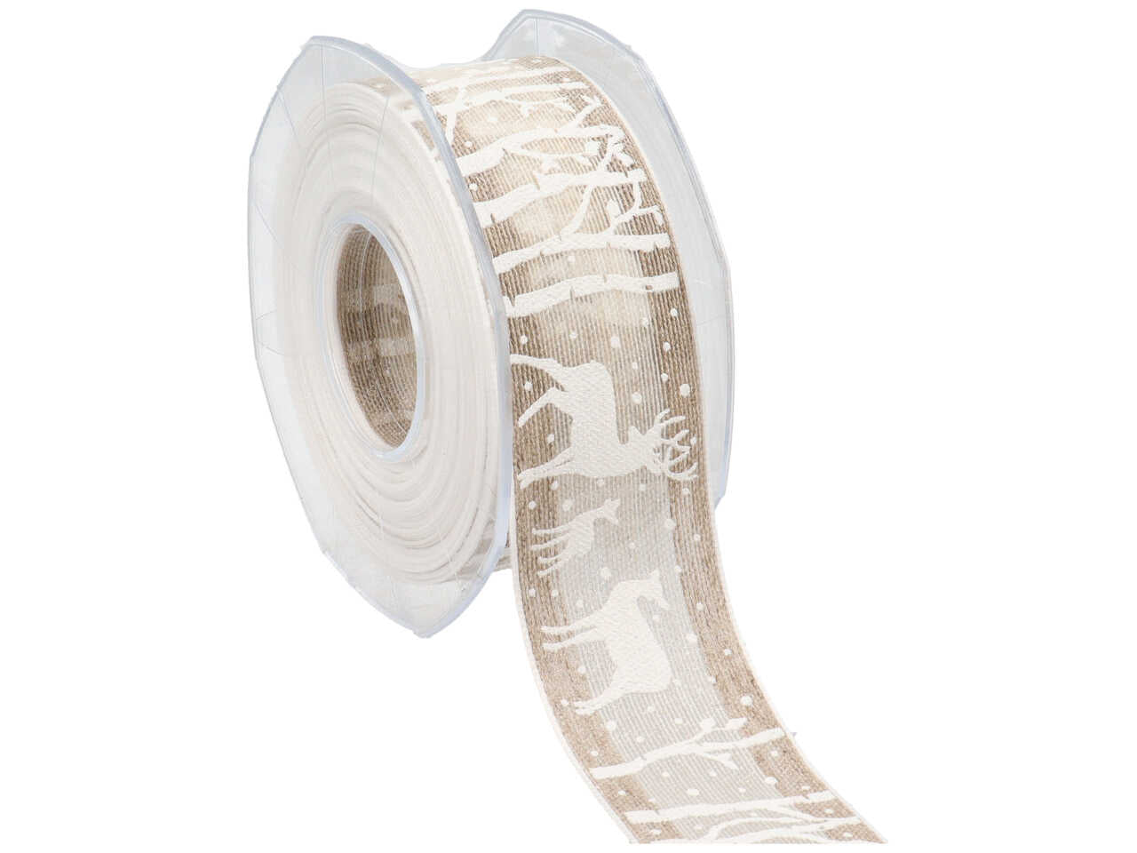 Nastro baccarat luminoso bianco 36mm 10mt con rinforzati e fascia centrale in lino stampato in serigrafia con daini nel bosco