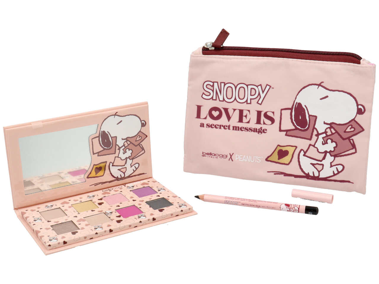 Bellaoggi peanuts pochette love is a secret message contiene 1 matita occhi e una palette da 8 ombretti