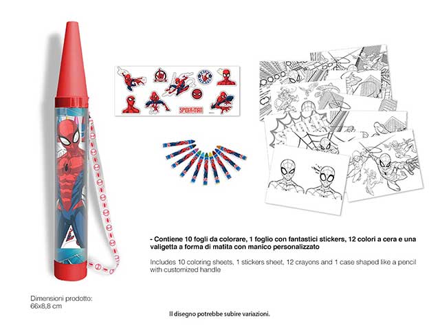 Set da colorare MC contenitore con stickers, 10 fogli da colorare e 12 colori a cera Spiderman