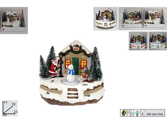 Giostrina natalizio casetta innevata con luci e musica batteria 16x19x22cm