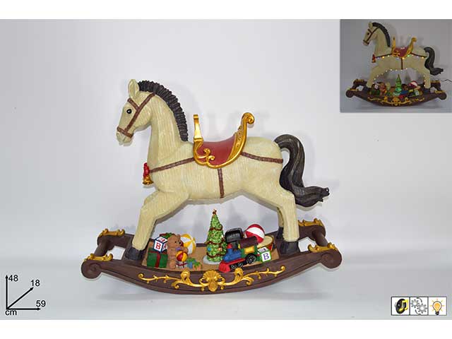 Cavallo dondolo con albero e doni movimento luci e musica con trasformatore 48x18x59cm