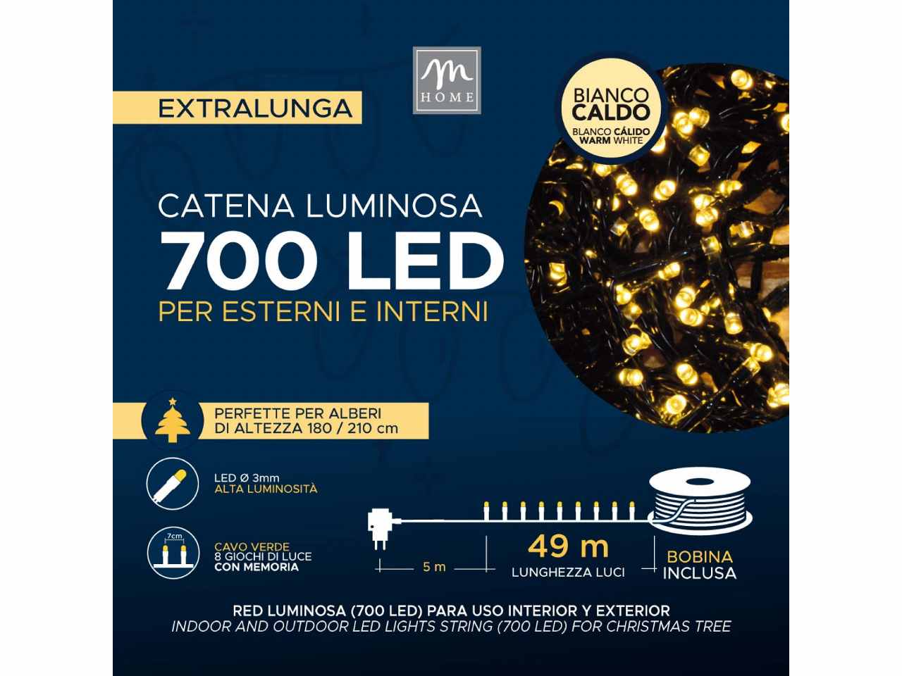 Catena luminosa 700 led colore bianco caldo 8 giochi da esterno 54m con ruota in scatola