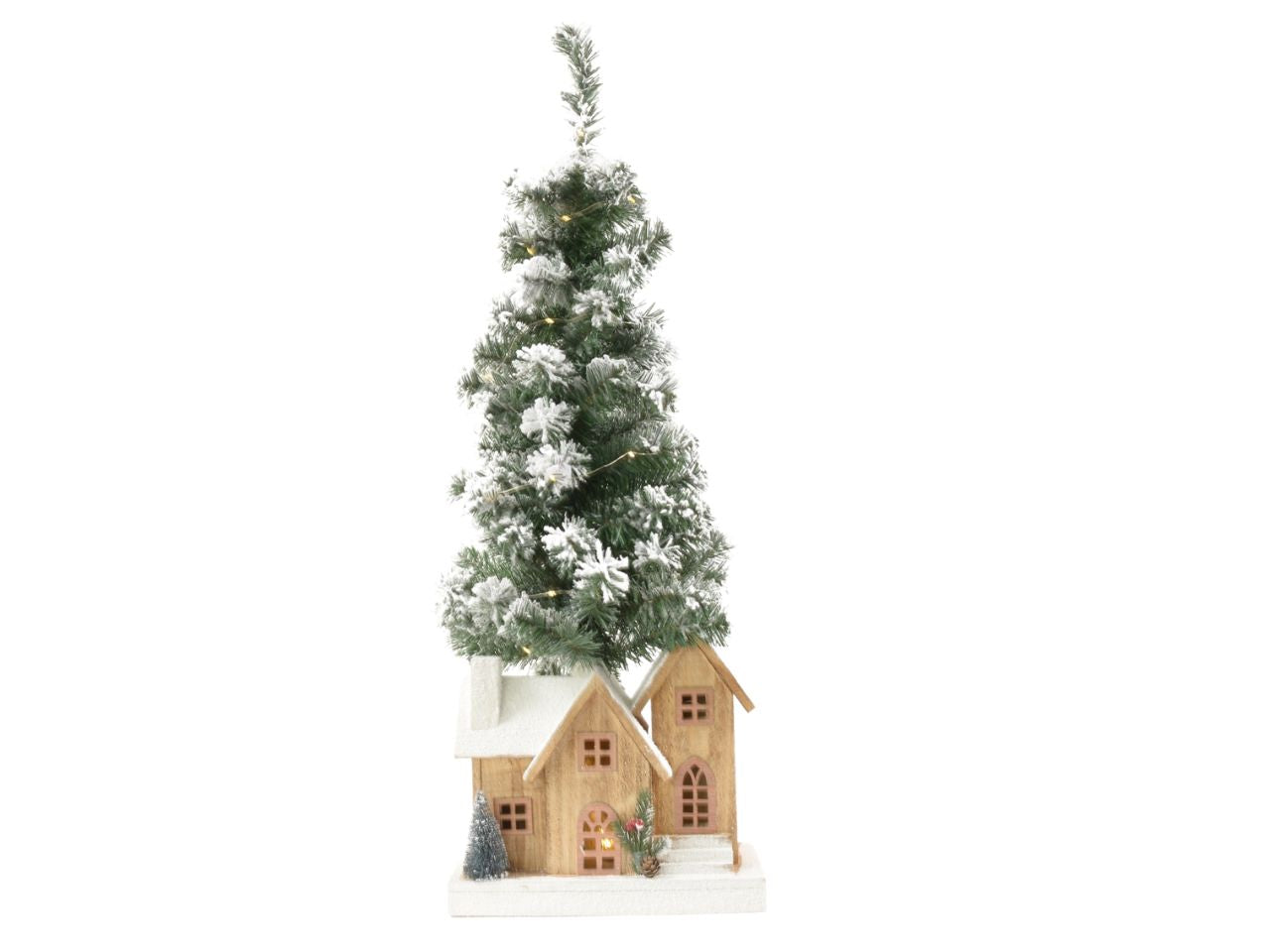 Albero innevato e luci led h.95x32x12cm con casetta legno