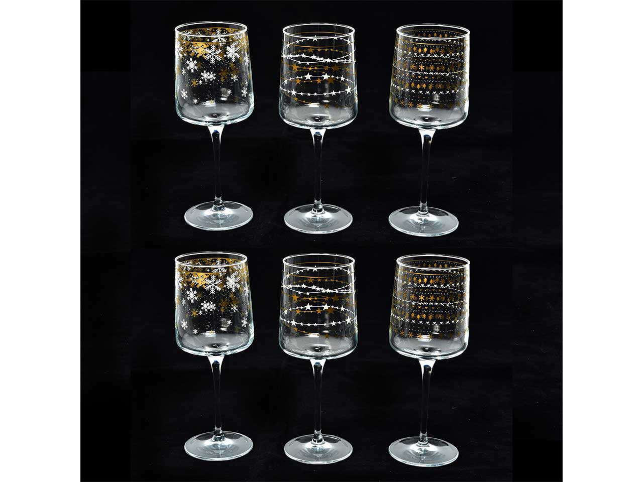 Calici in vetro elegant gold stars - in set da 6 calici misura d.7xh.20cm 320cc colori assortiti in scatola regalo