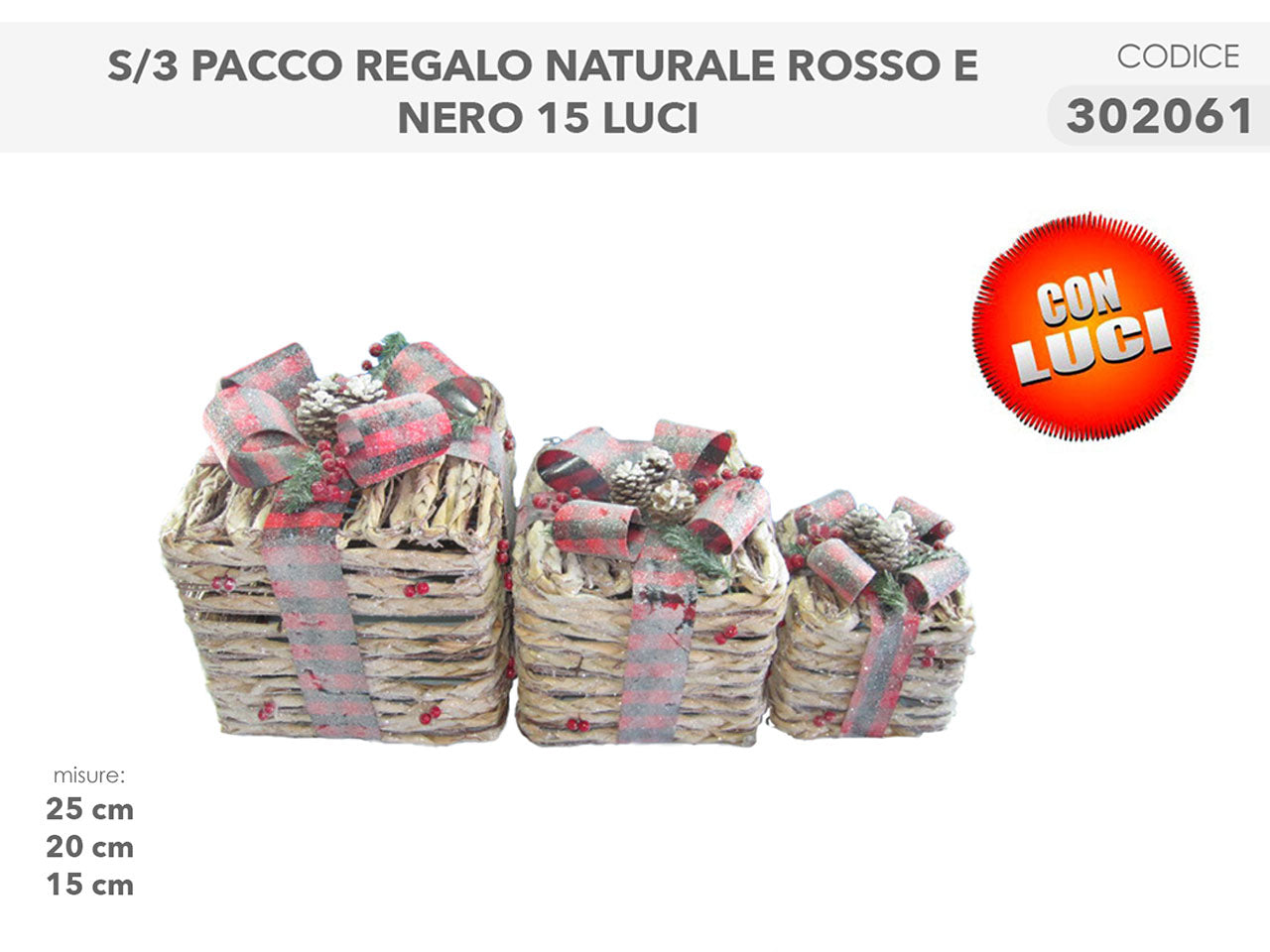 Pacco regalo naturale 3pezzi 25/20/15cm con 15luci