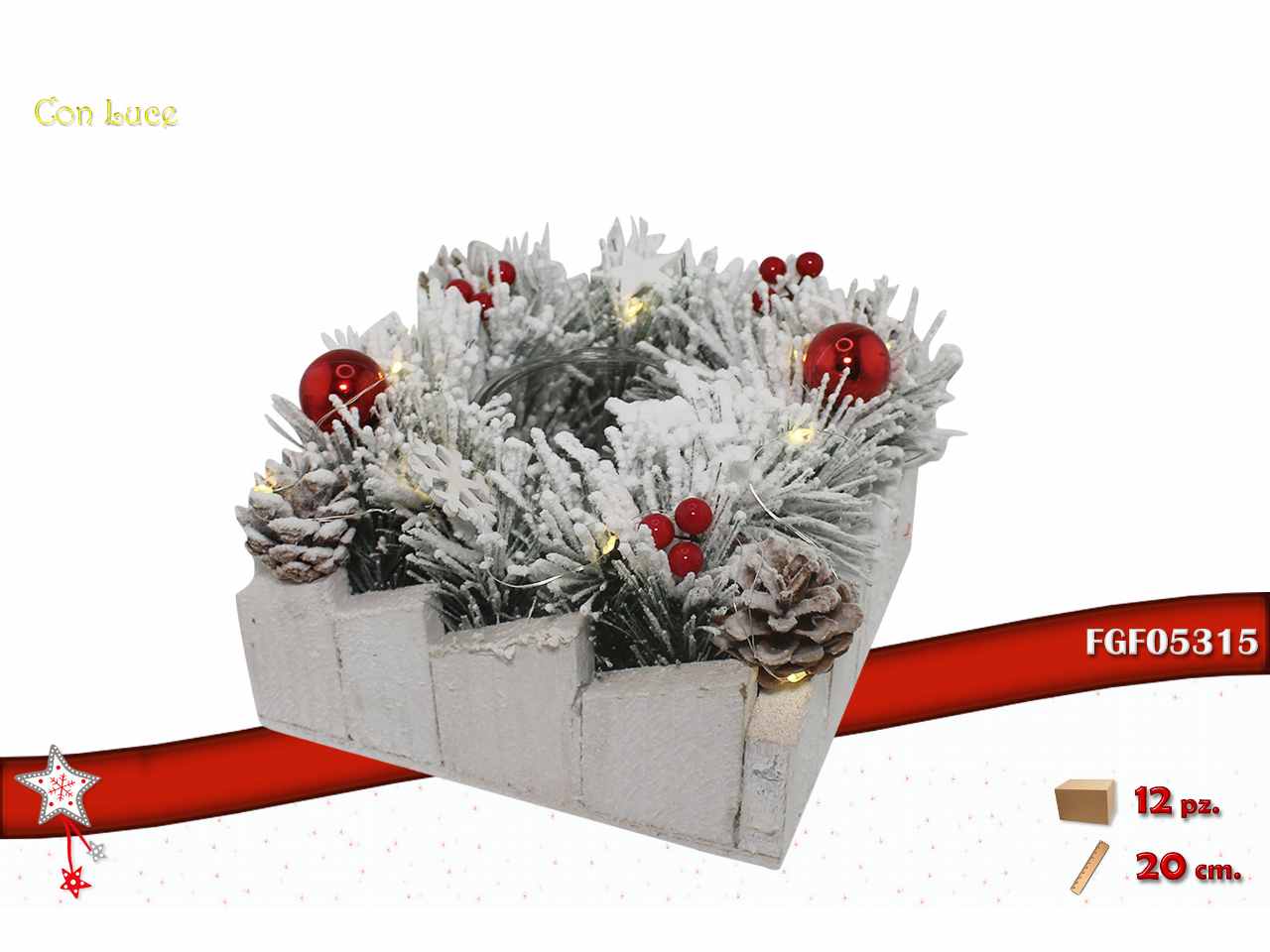 Portacandela in legno quadrato con led bianco 20x20cm