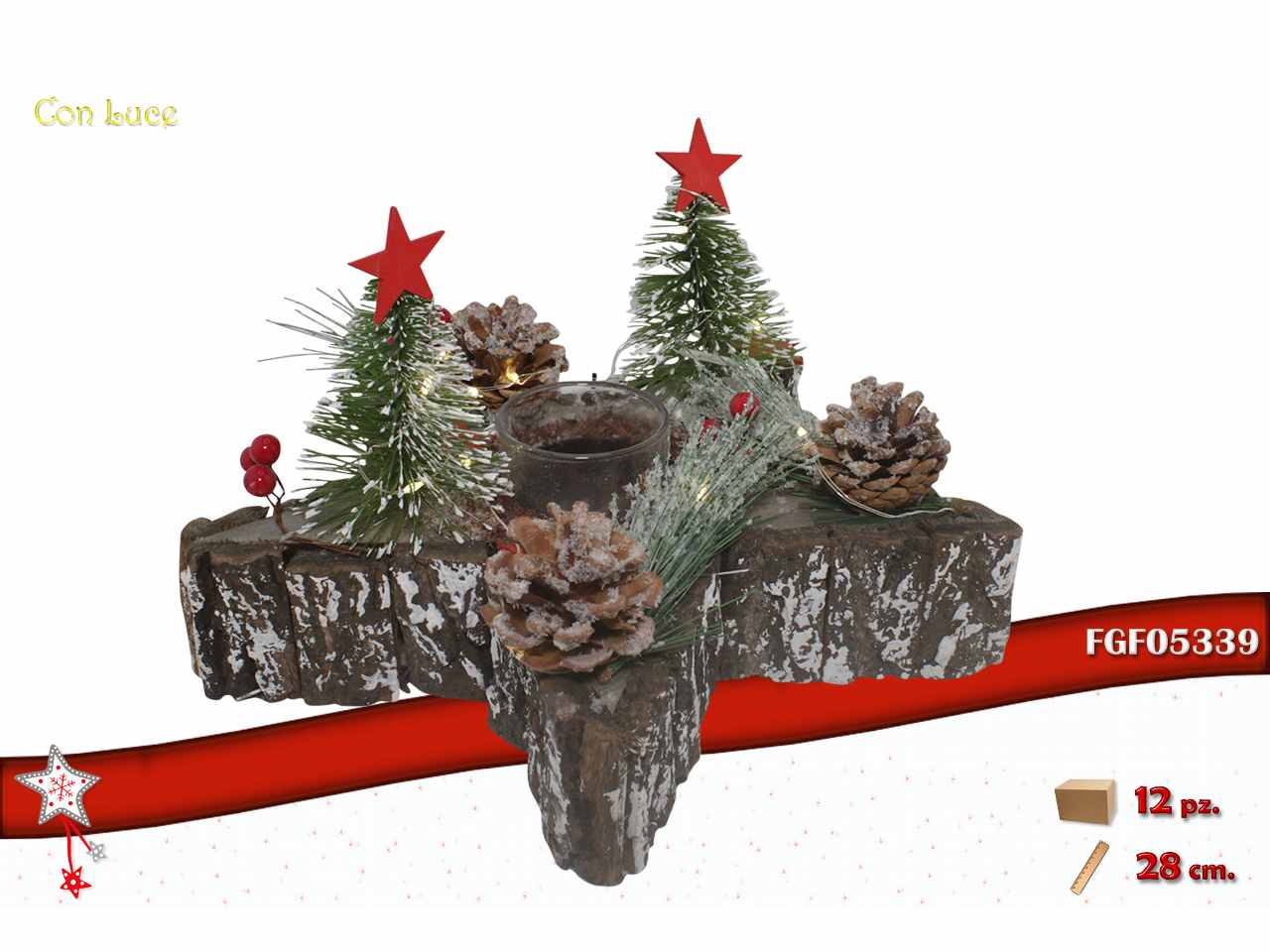 Portacandela in legno stella con led naturale 28cm