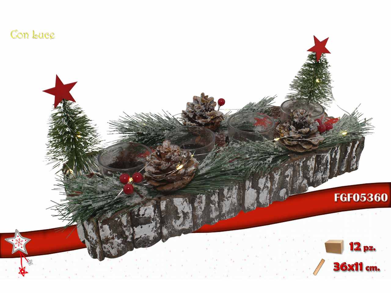 Portacandela in legno rettangolare con led naturale 36x11cm