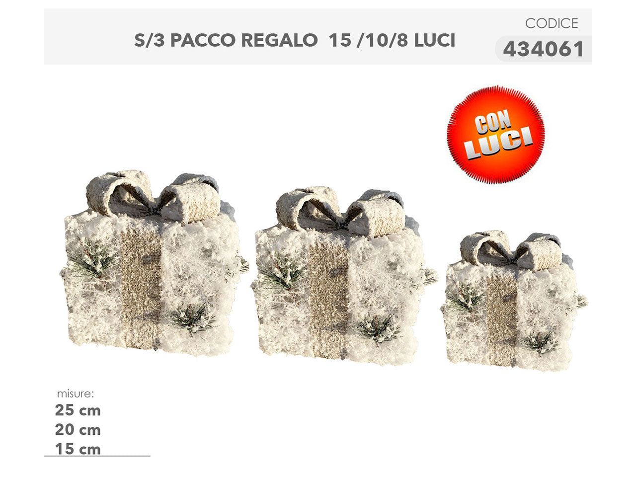 Pacco regalo 3pezzi 25/20/15cm e 15/10/8luci