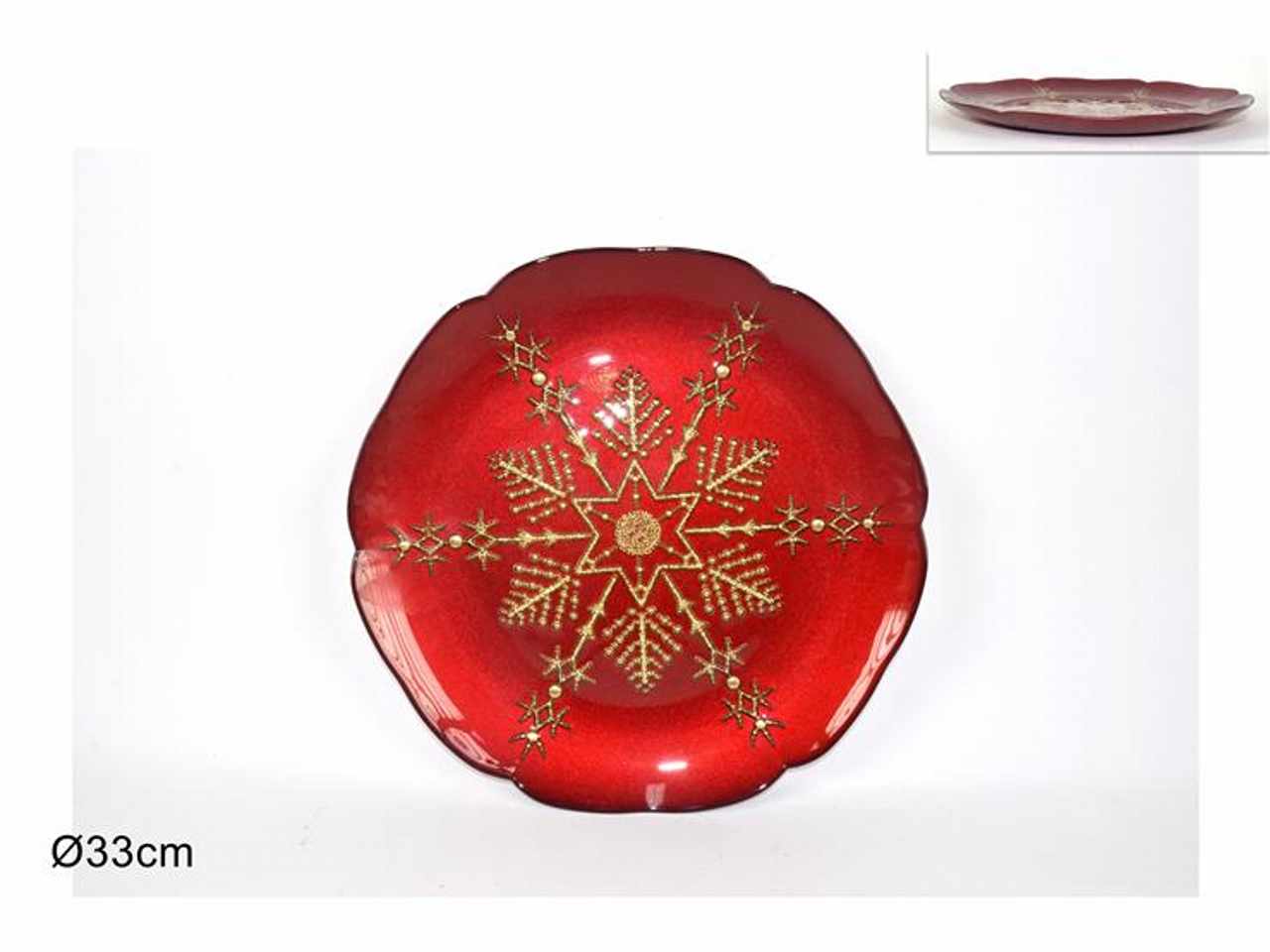 Centrotavola vetro 33cm rosso decoro stella oro