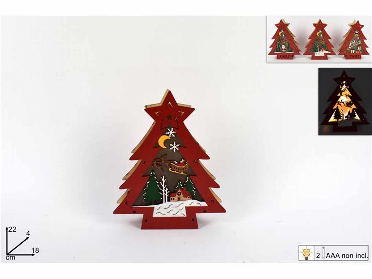 Albero legno rosso scenario natal con luci batteria 22x4x18cm