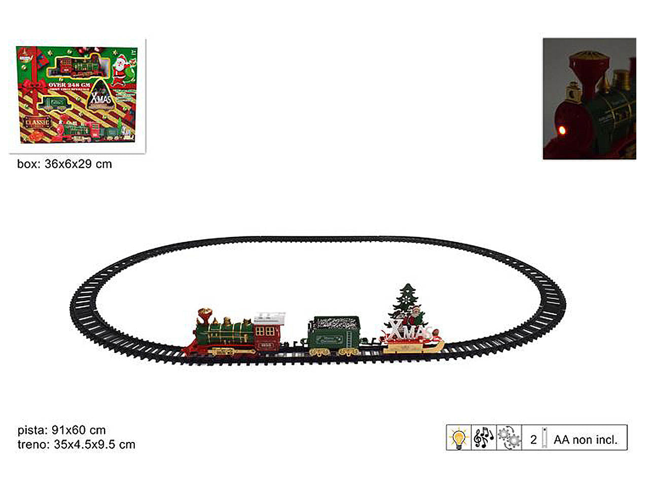 Trenino natalizio con 2 vagoni e albero di natale 91x60cm