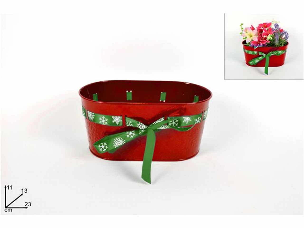 Portapianta metallo rosso con nastro natalizio 11x13x23cm
