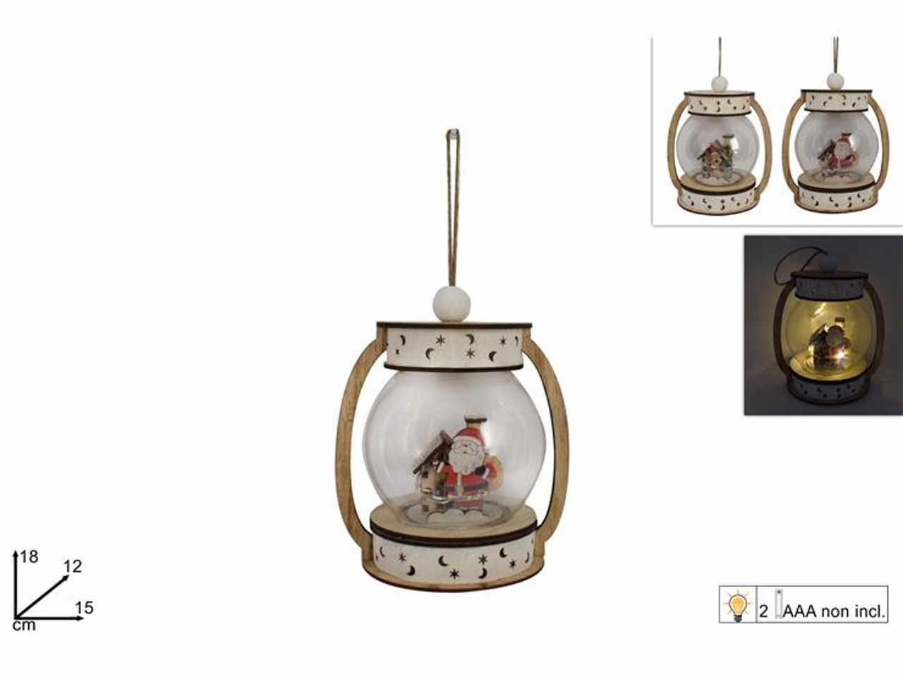 Lanterna legno con personaggi natalizi con luce batteria 18x12x15cm