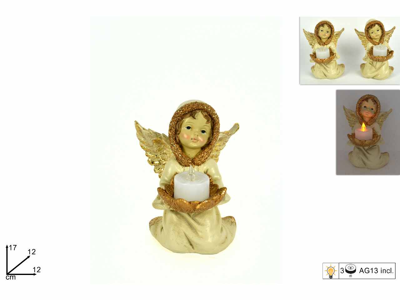 Angelo in ginocchio con candela con luci batteria 17x12x12cm