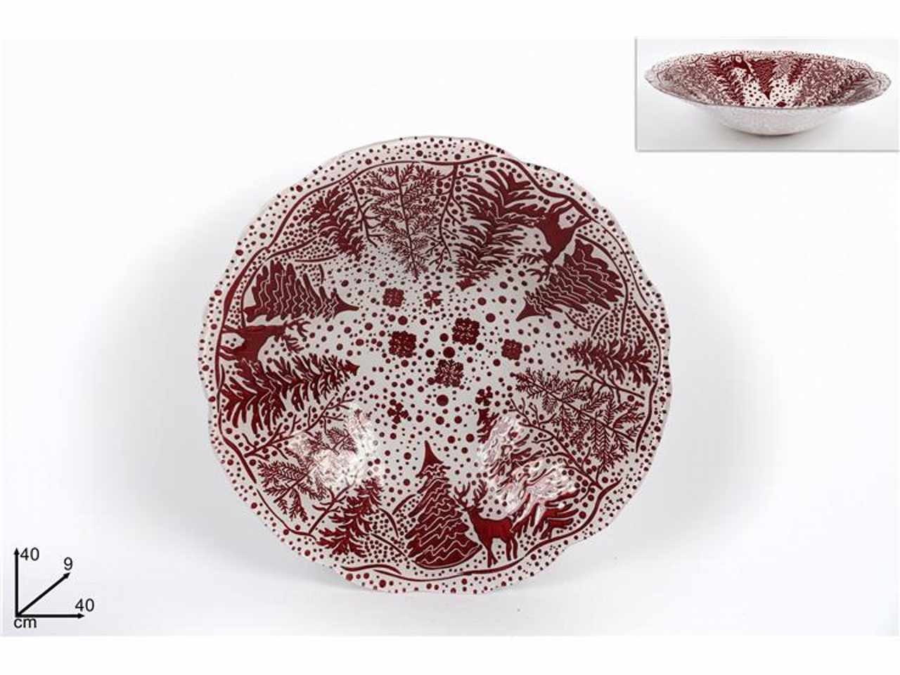 Centrotavola vetro natalizio 40cm bianco decoro rosso