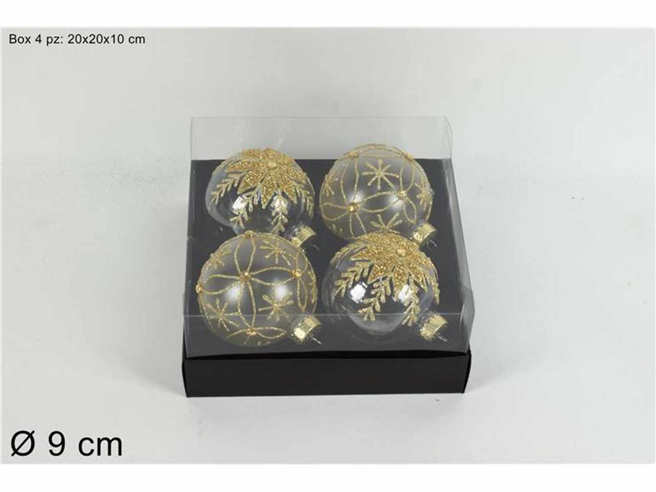 Palle d.9cm 4pz opaco/trasparente con decori glitter oro