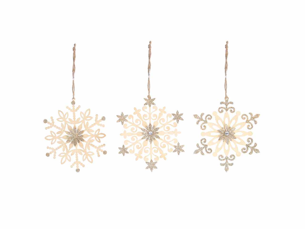 Fiocco di neve metallo bianco oro 3 assortiti cm14x1x14