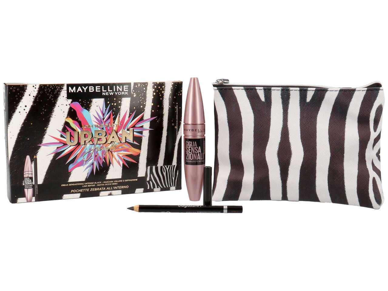 Maybelline urban jungle pochette regalo. contenuto: pochette in texture zebrata, mascara volume e definizione ciglia sensazionali intense black, line refine matita occhi nera