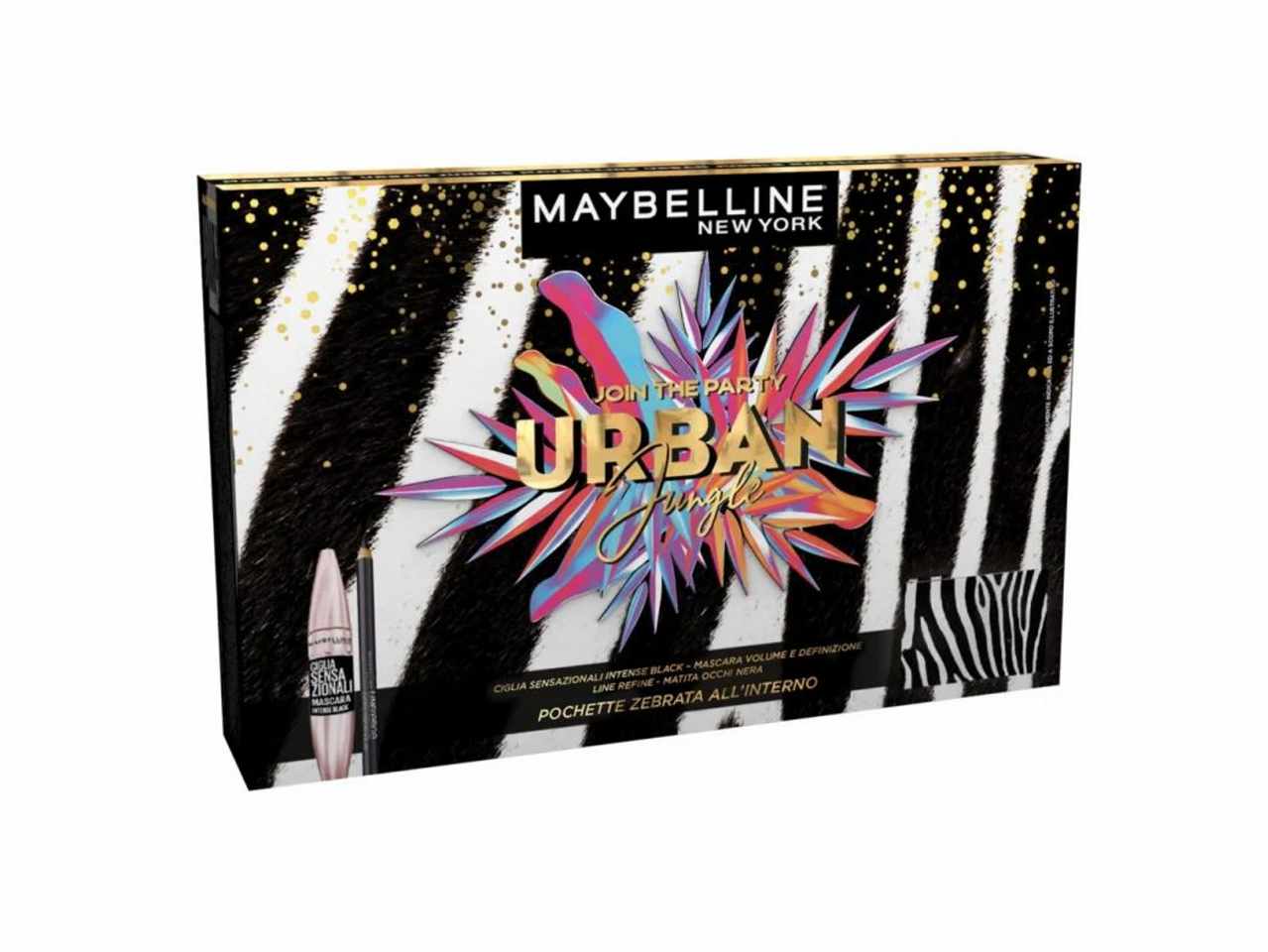 Maybelline urban jungle pochette regalo. contenuto: pochette in texture zebrata, mascara volume e definizione ciglia sensazionali intense black, line refine matita occhi nera