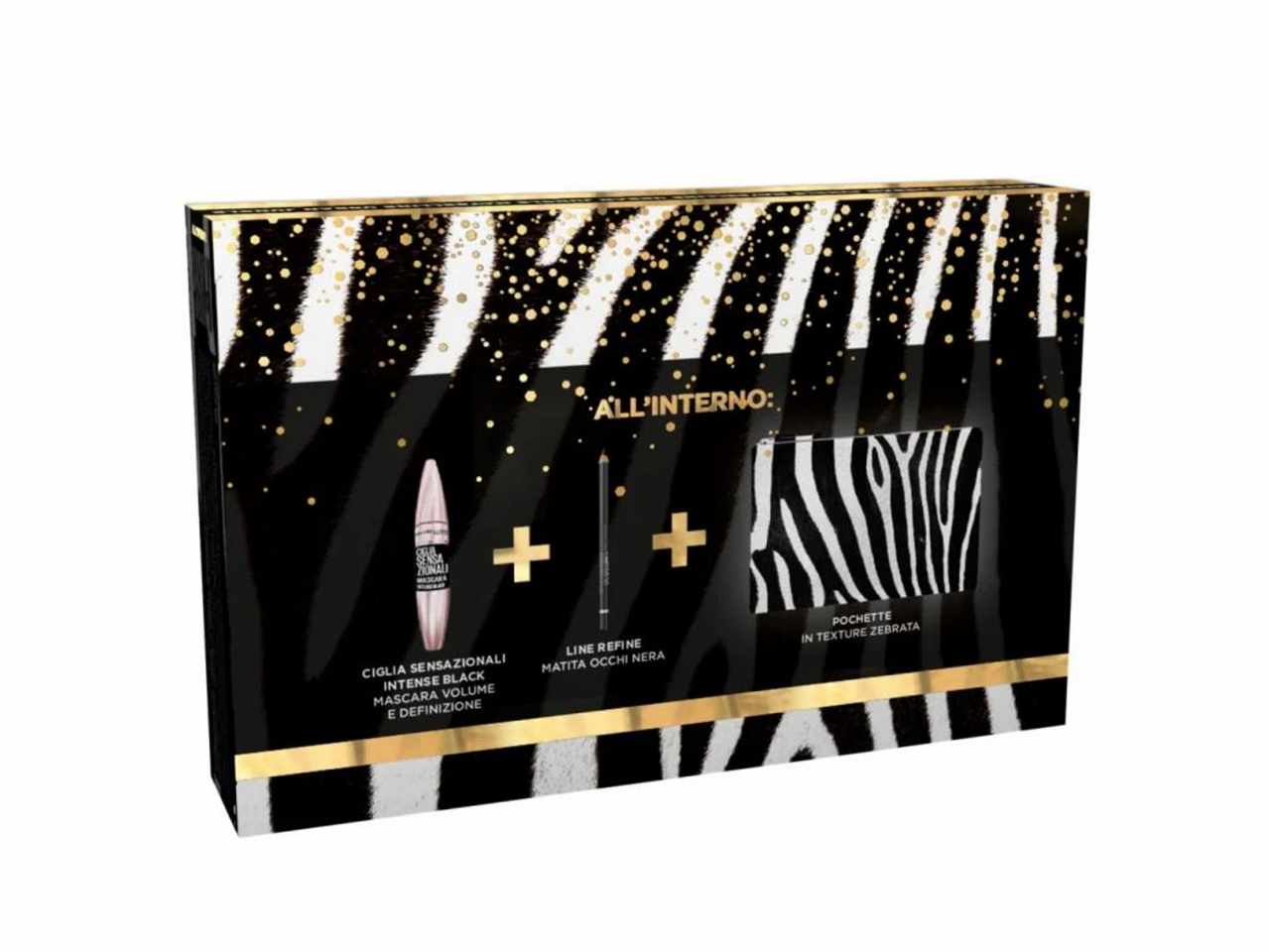 Maybelline urban jungle pochette regalo. contenuto: pochette in texture zebrata, mascara volume e definizione ciglia sensazionali intense black, line refine matita occhi nera