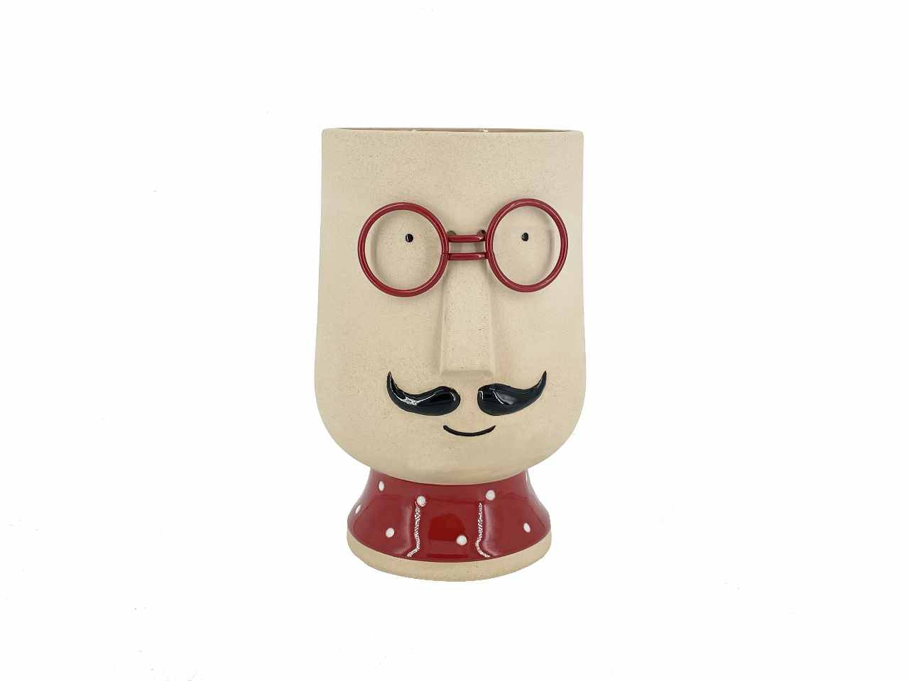 Vaso testa signore in ceramica con vestito pois e occhiali rossi 16x15xh23,5cm