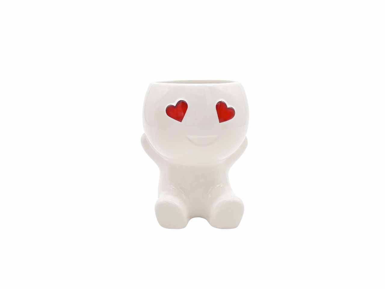 chachepot omino bianco con occhi a cuore rossi in ceramica d.9xh.10,5cm