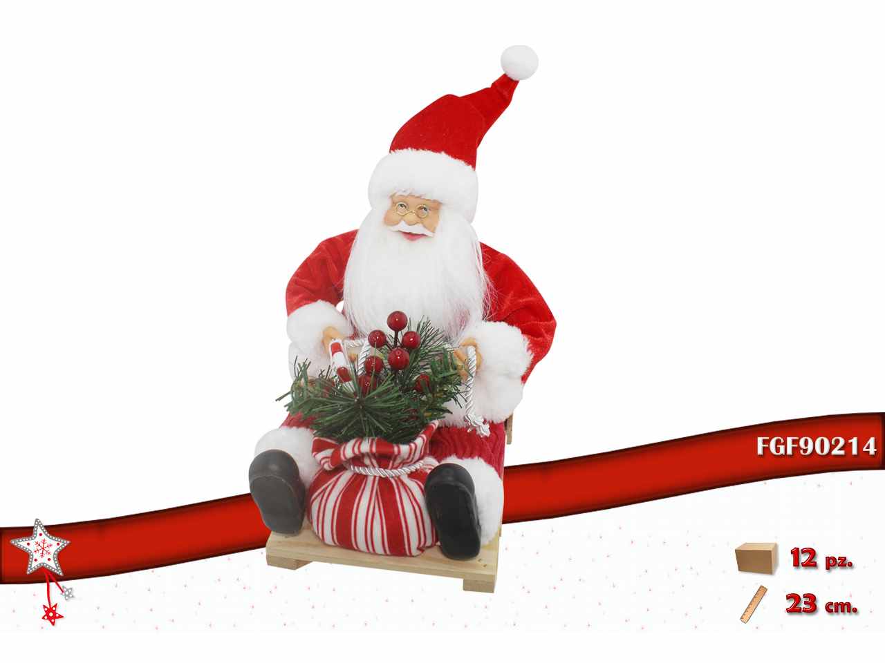 Babbo natale su slittino 23x18x23cm rosso
