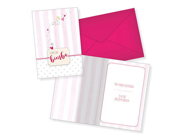 biglietto auguri è nato un bimba rosa con busta fucsia