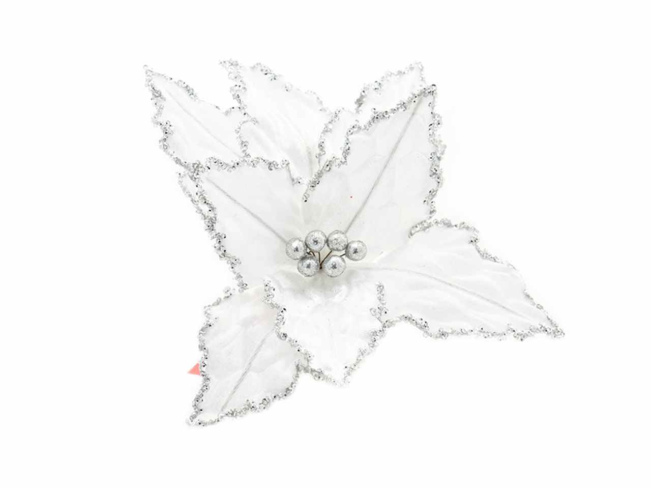 Fiore gambo corto d.29cm bianco con glitter argento