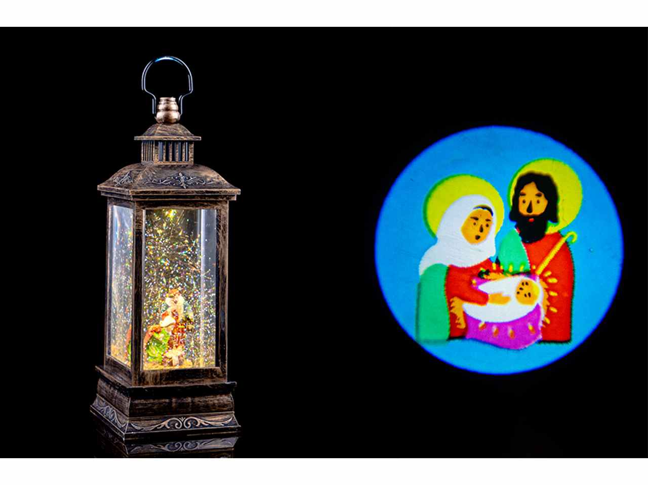 Lanterna proiettore nativita' a led con acqua 10x10x27,5.funzionamento a batteria