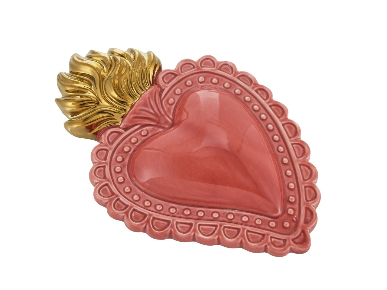 Ex voto cuore corallo fiamme oro 21cm decorazione dipinta a mano inporcellana