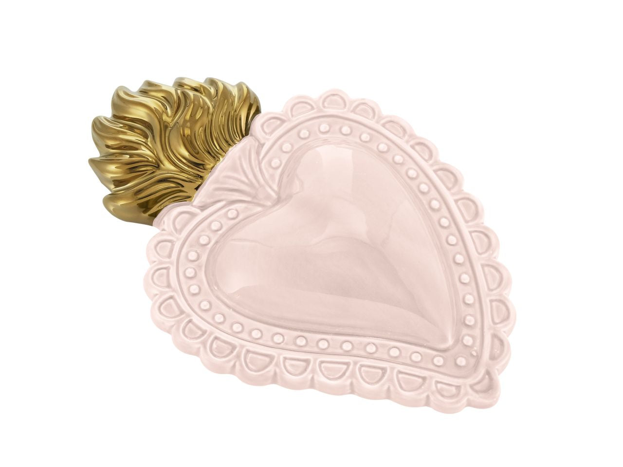 Ex voto cuore cipria fiamme oro21cm decorazione dip.a mano porcellana