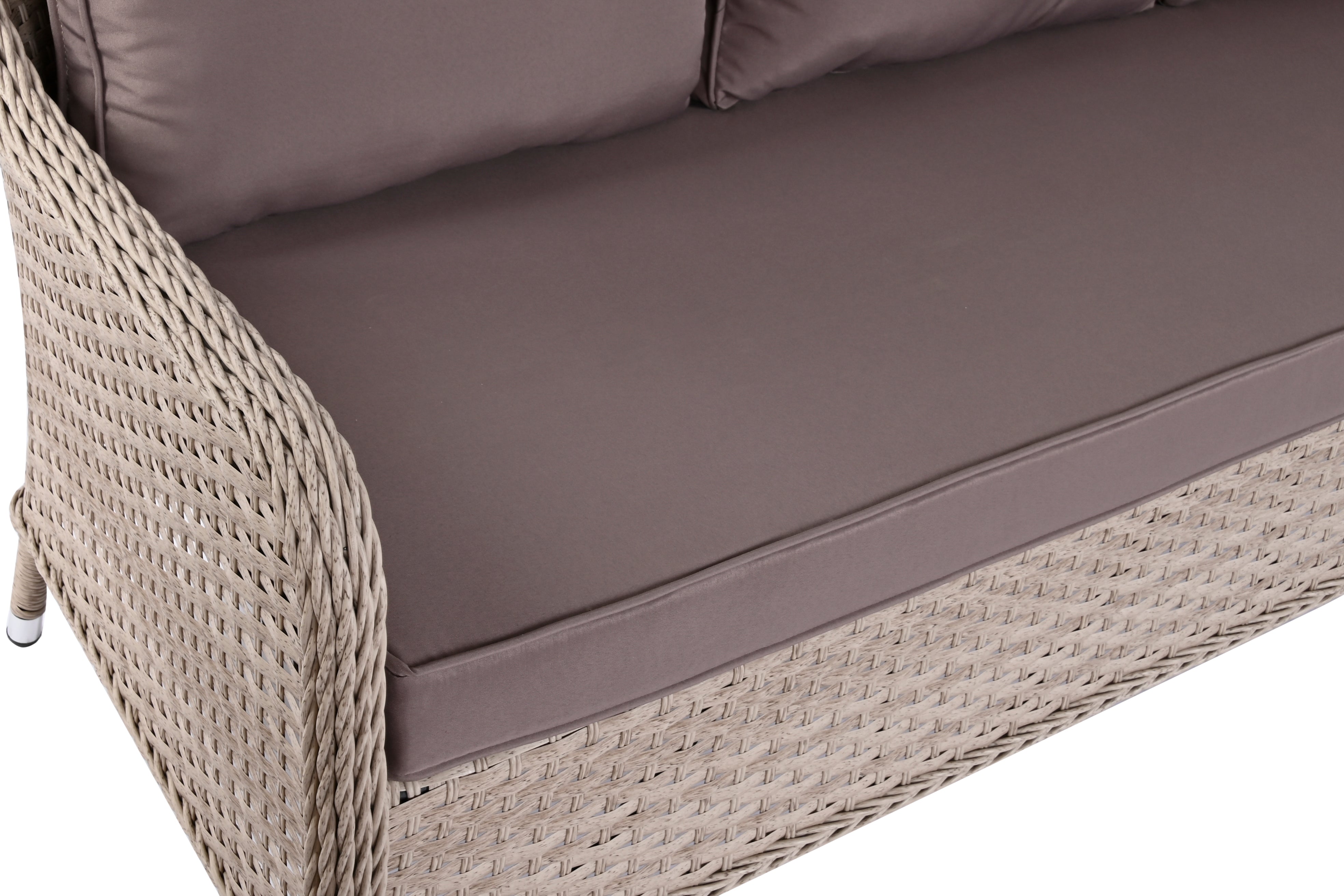 Tavola set da 2 poltrone 1 divano 1 tavolo in rattan sintetico e acciaio 175x73x81cm
